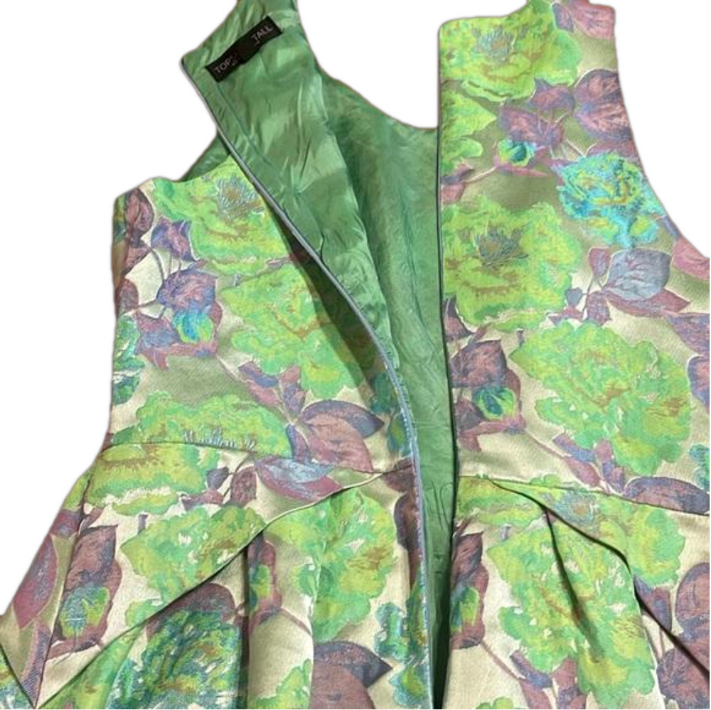 Topshop Tall US 10 Green Floral Jacquard Fit & Flare Cocktail Dress - Picture 9 of 9
